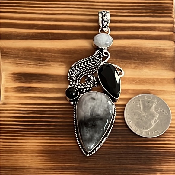 #146 Zebra Jasper Black Onyx & Rainbow Moonstone Handcrafted Pendant NWOT - Picture 3 of 13
